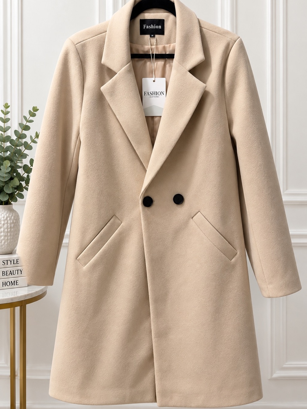 NWT Fashion Cream Wool Blend Long Double Breasted Coat Size M